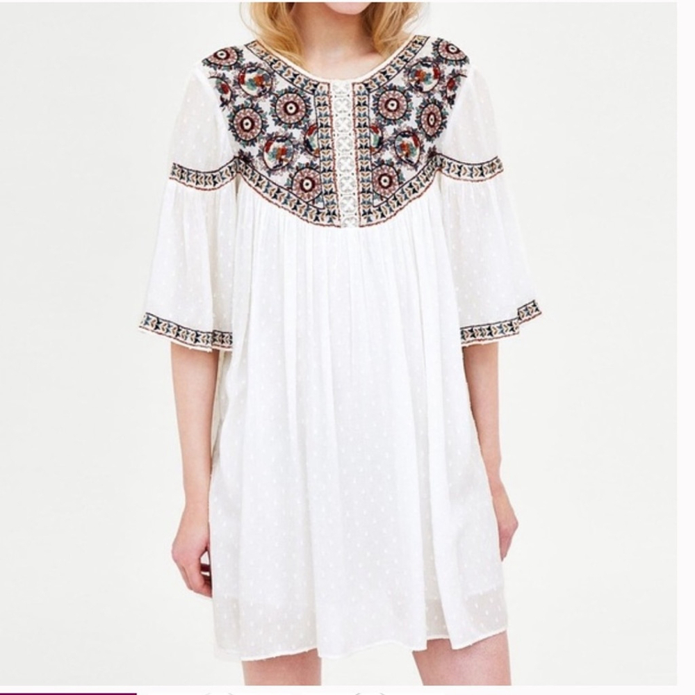 ZARA EMBROIDERED BABYDOLL TUNIC DRESS SZ Medium